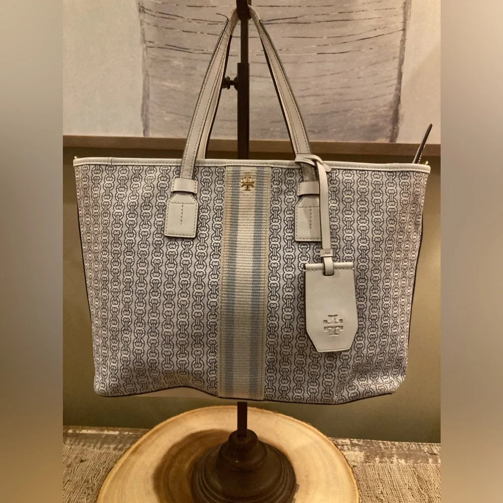 Tory Burch Gemini Link Coated Canvas White Leather Tote Bag Crossbody Strap - Picture 1 of 10